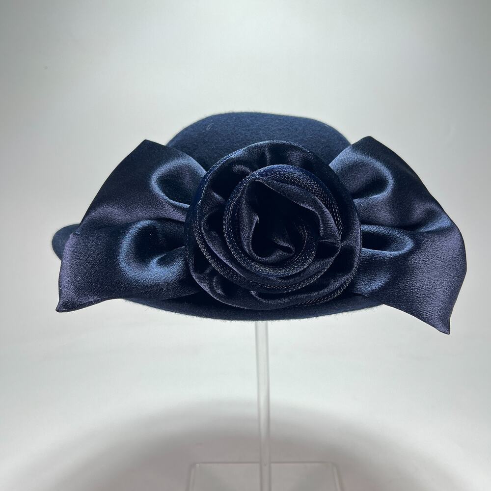Deborah New York Pillbox Navy Blue Satin Bow Wool Fascinator Dress Hat Women's